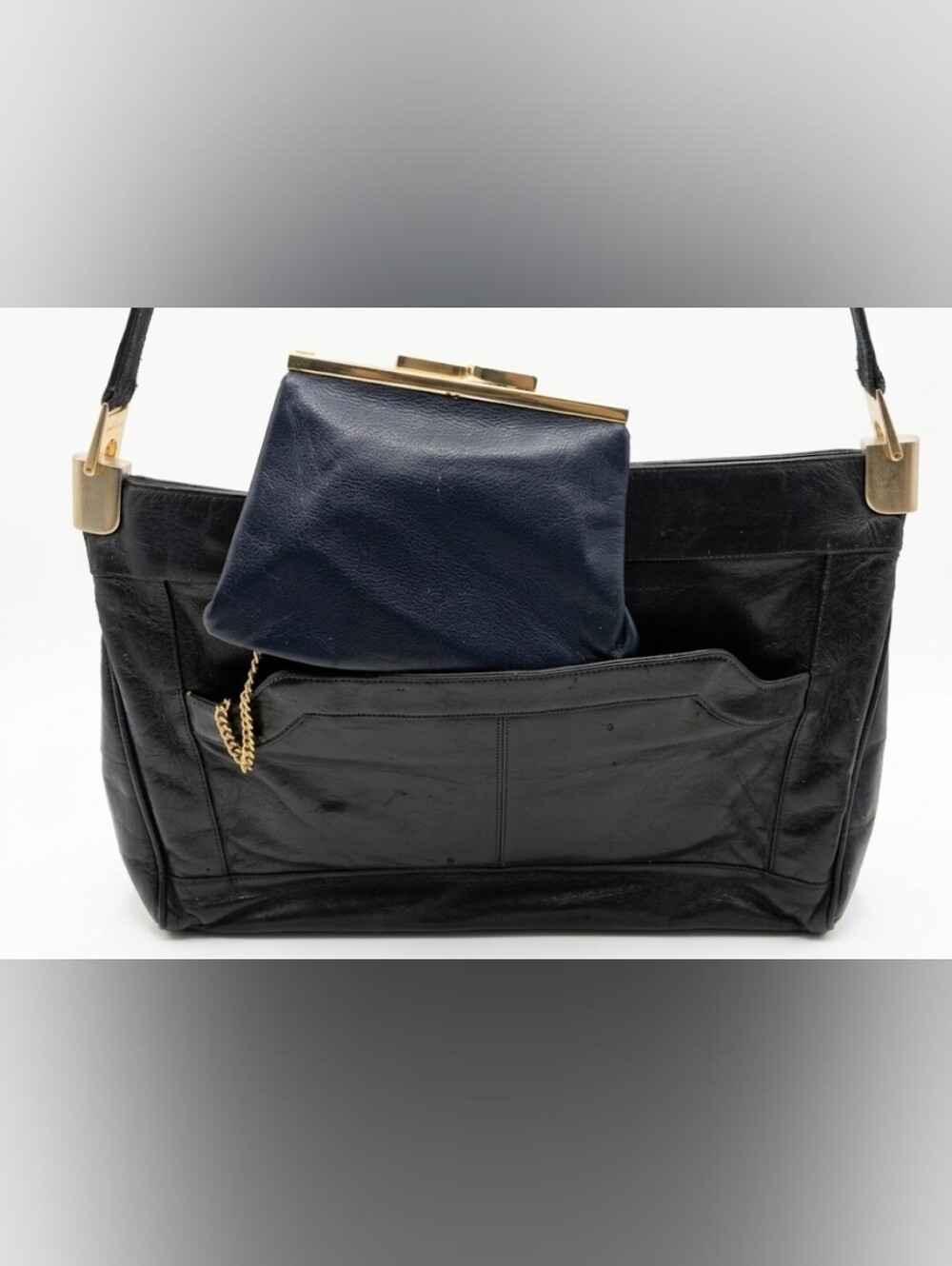 Italian 60's Vintage Leather Purse with Vanity Mirror Multiple Pockets Navy Blue